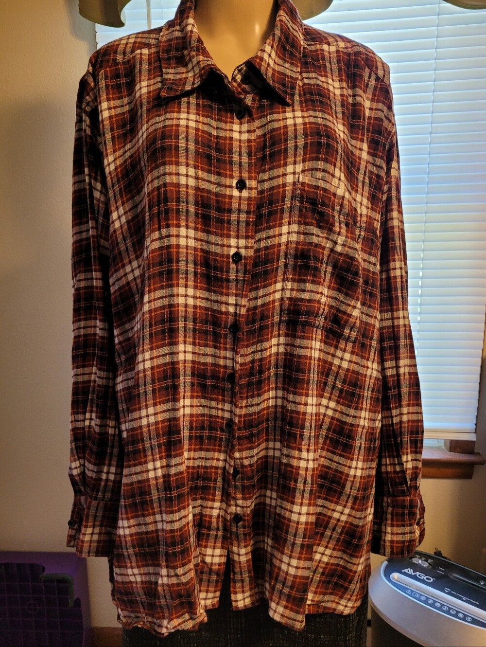 NWOT-Lane Bryant Red, Orange, White & Black Plaid Button-Down Shirt.
